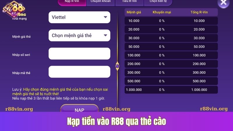 Nạp tiền vào R88 qua thẻ cào