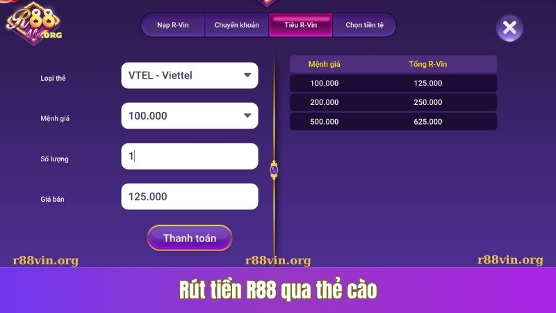 Rút tiền R88 qua thẻ cào
